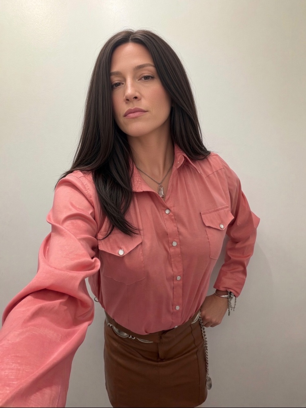 Shiny Pink taffeta cowgirl western pearl snap shirt XXL